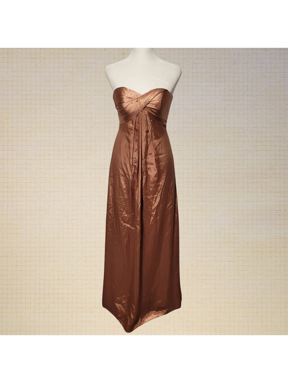 Modern Elegant Bari Jay Bronze Strapless Satin Evening Gown Size 2 Silky Zip Up